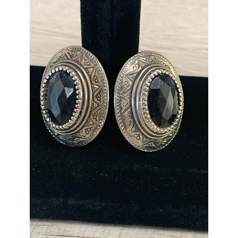 Vintage Silver Tone Black Faceted Stone Oval ClipOn Earrings Boho Stamped Detail